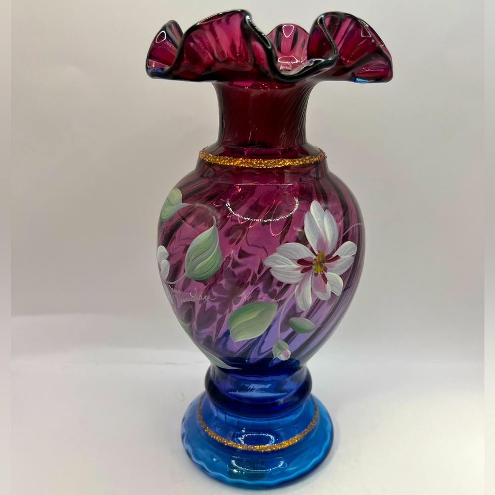 ✨SOLD✨ Vintage Bill Fenton 50 Year Anniversary Mulberry Hand Painted Signed Vase
